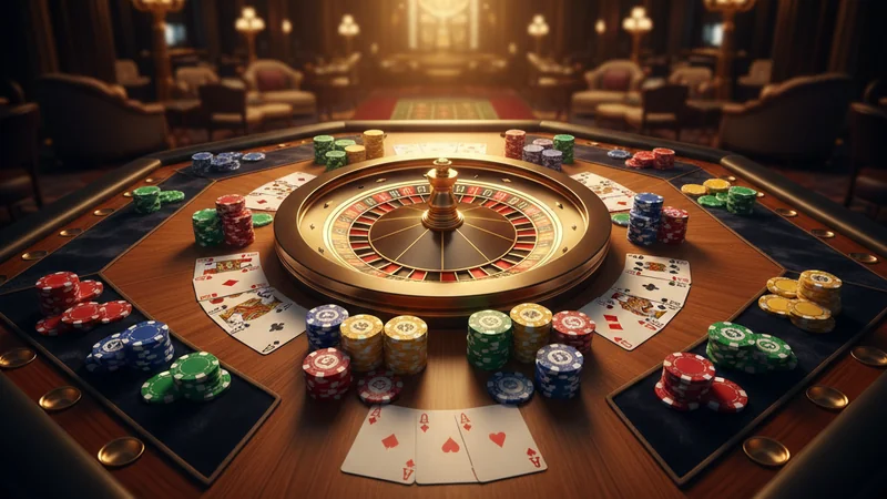 Overhead view of luxury casino table with roulette wheel, playing cards and colourful poker chips — All Live Games at Maxim88