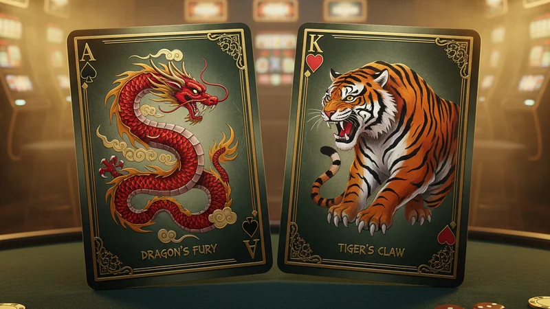 Dragon and Tiger playing cards face-up on dark casino baize with dramatic split lighting — Dragon Tiger at Maxim88