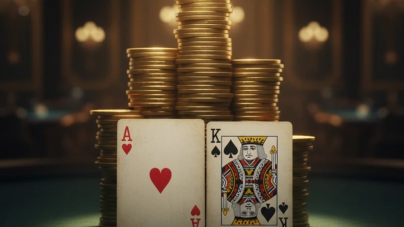Ace of Hearts and playing cards with golden casino chips on dark green felt — Live Baccarat at Maxim88