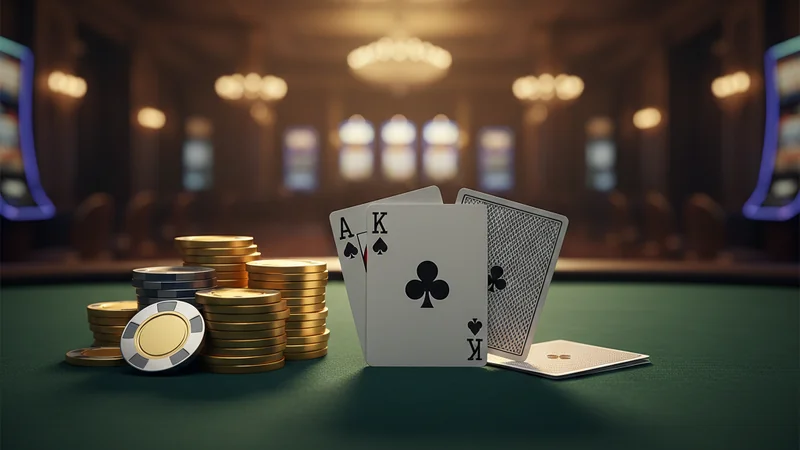 Blackjack winning hand ace and king on dark green casino baize with golden chips — Live Blackjack at Maxim88