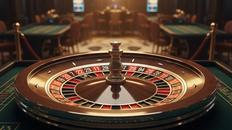 Luxury roulette wheel top-down view with white ball on red segment, dark casino atmosphere — Live Roulette at Maxim88
