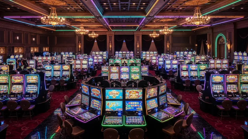 Glowing slot machines and casino gaming screens in dramatic rows — 500+ Casino Games at Maxim88
