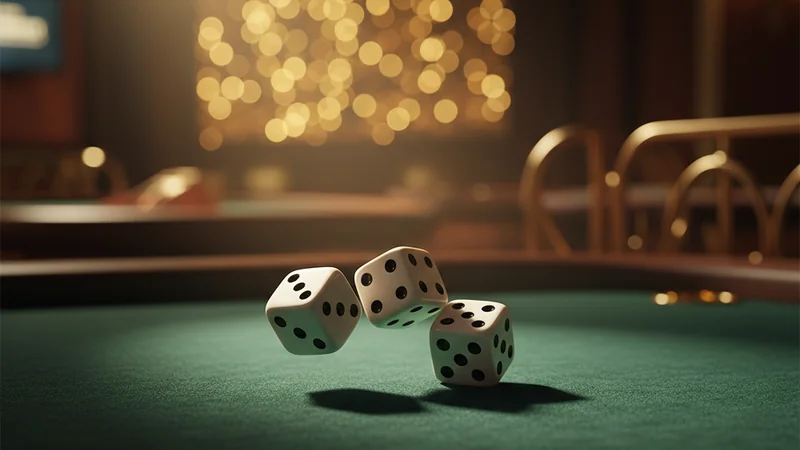 Three white dice tumbling on dark green casino felt under dramatic spotlight with golden bokeh — Sic Bo at Maxim88