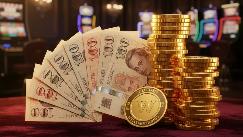 Singapore dollar banknotes and golden casino chips on dark velvet — Maxim88 Welcome Bonus Guide