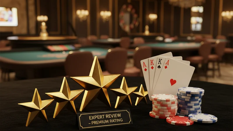 Five golden stars with casino cards and chips on dark velvet — Maxim88 Full Casino Review 2026