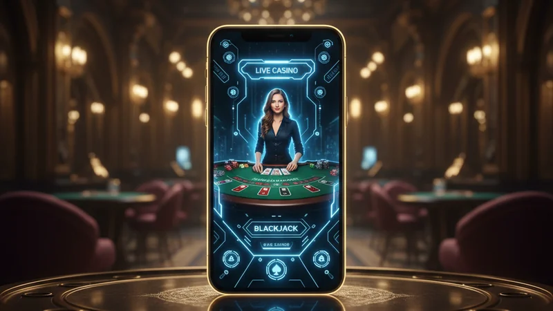 Smartphone with live dealer casino game on glowing screen, golden lighting — Maxim88 Mobile App guide